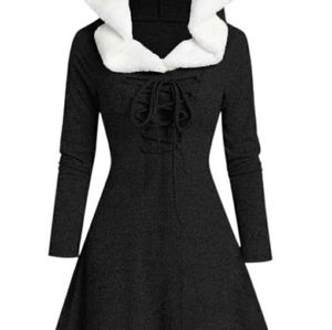 Mid chiched dress. It is longer in the back..